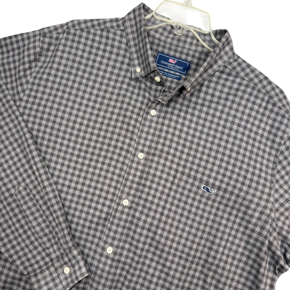 Vineyard Vines Tucker Shirt Mens XB Grey Gingham Check Button Down 1W010449